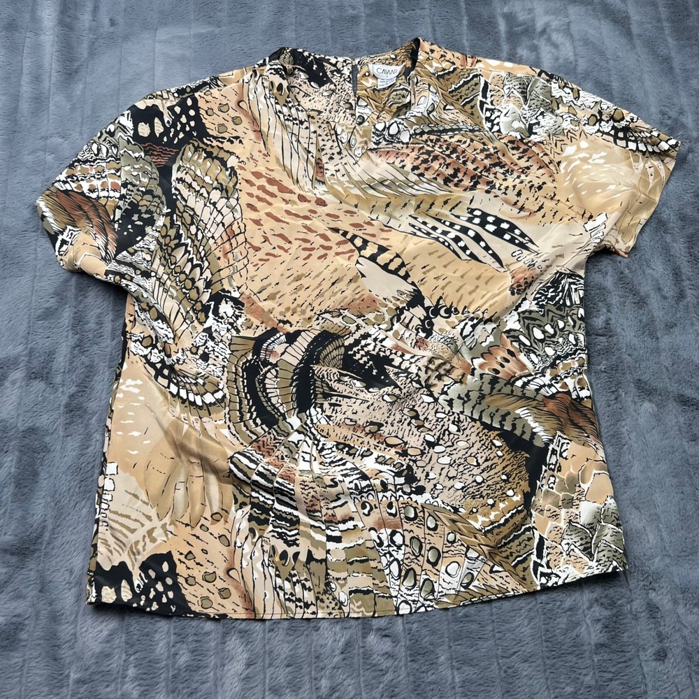 Caviar Womens Large Feather Animal Print Short Sleeve Blouse Tan Brown USA Made